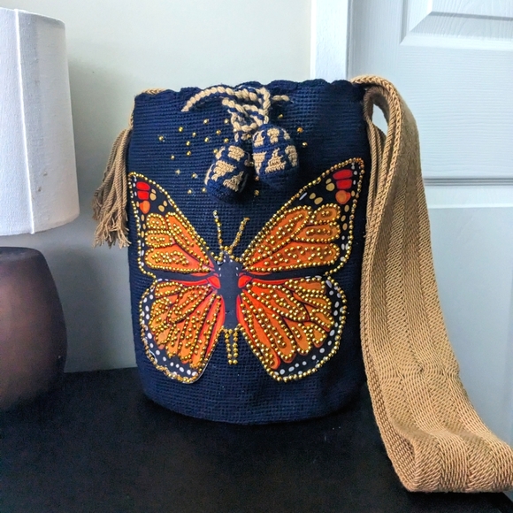 Wayuu Tribe Handbags - SOLD!  Wayuu Bag Golden Butterfly/ Dark Blue/ Camel/ Handmade Bag/